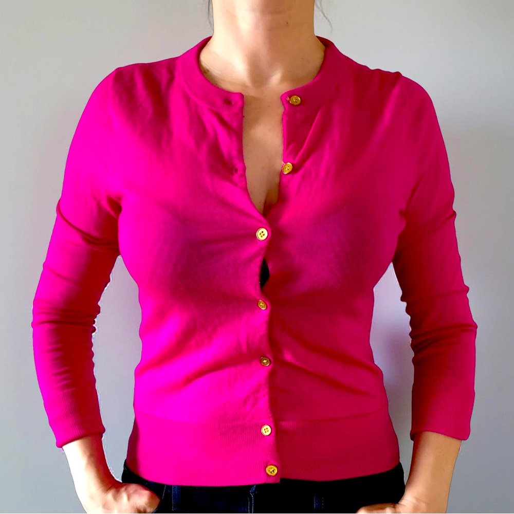 JCrew Cropped Fitted Fuschia Pink Cardigan With Gold Buttons Size Small